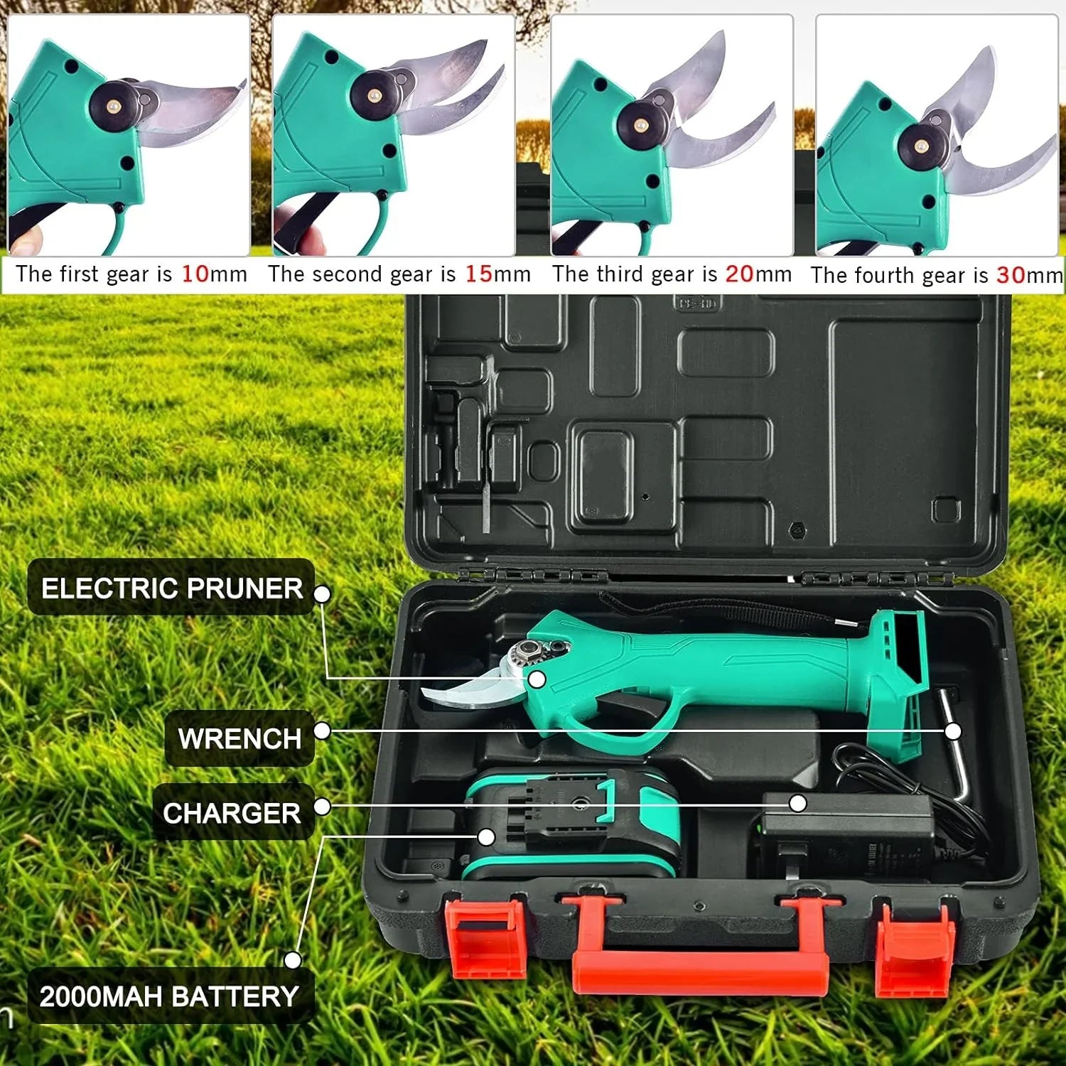 Foarfeca electrica pentru vita de vie si crengi, 2 acumulatori 48VF 5Ah, albastru/rosu