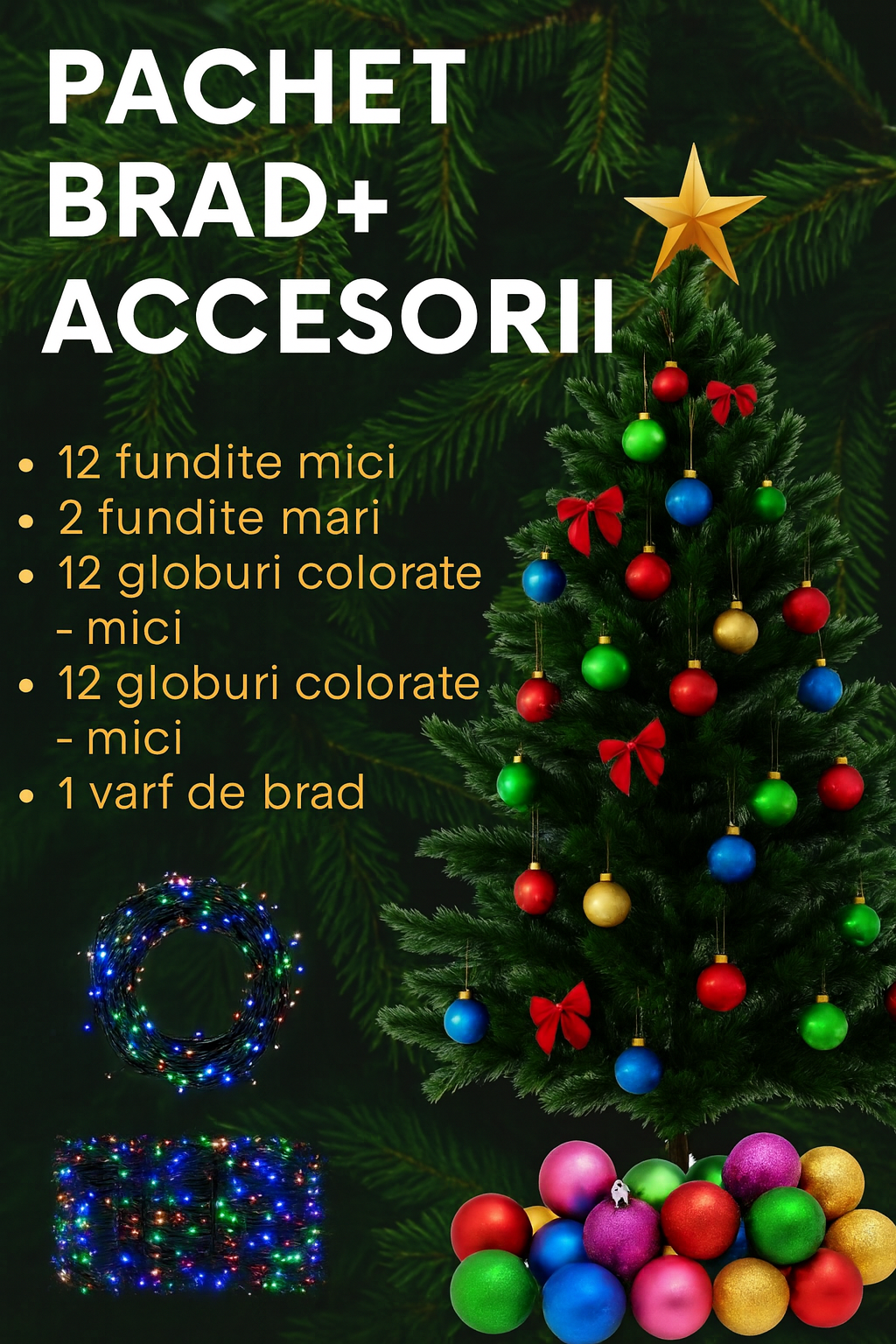 Brad artifical 190 - 200 cm cu suport metalic si accesorii incluse pentru impodobit si instalatie CADOU