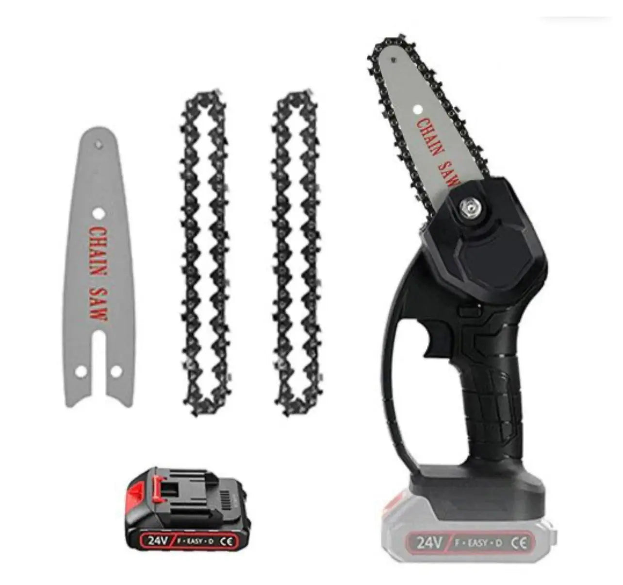 Mini fierastrau electric portabil cu lant/Drujba, 2 baterii 2 lanturi 4 Inch, 24V, 4500mAh, Rama ajustabila, 550W, Negru